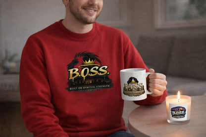BOSS Built On Spiritual Strength Kit – Christian Starter Gift Set | Sweatshirt, Mug, Candle, Tea & Matches | Faith, Humor & Encouragement Gift Box - ClaimedbyGodDesigns