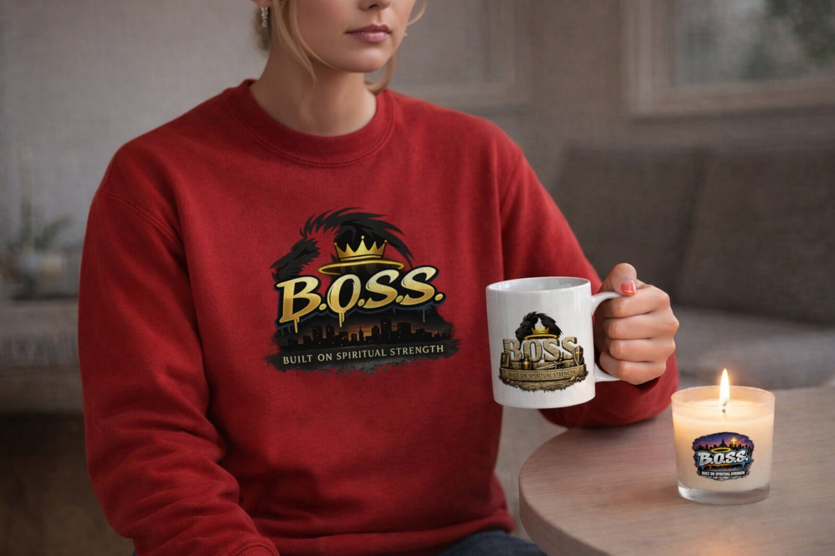BOSS Built On Spiritual Strength Kit – Christian Starter Gift Set | Sweatshirt, Mug, Candle, Tea & Matches | Faith, Humor & Encouragement Gift Box - ClaimedbyGodDesigns
