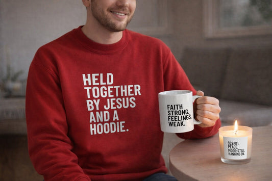 Barely Holding It Together – Christian Starter Gift Set | Sweatshirt, Mug, Candle, Tea & Matches | Faith, Humor & Encouragement Gift Box - ClaimedbyGodDesigns