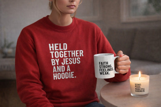 Barely Holding It Together – Christian Starter Gift Set | Sweatshirt, Mug, Candle, Tea & Matches | Faith, Humor & Encouragement Gift Box - ClaimedbyGodDesigns