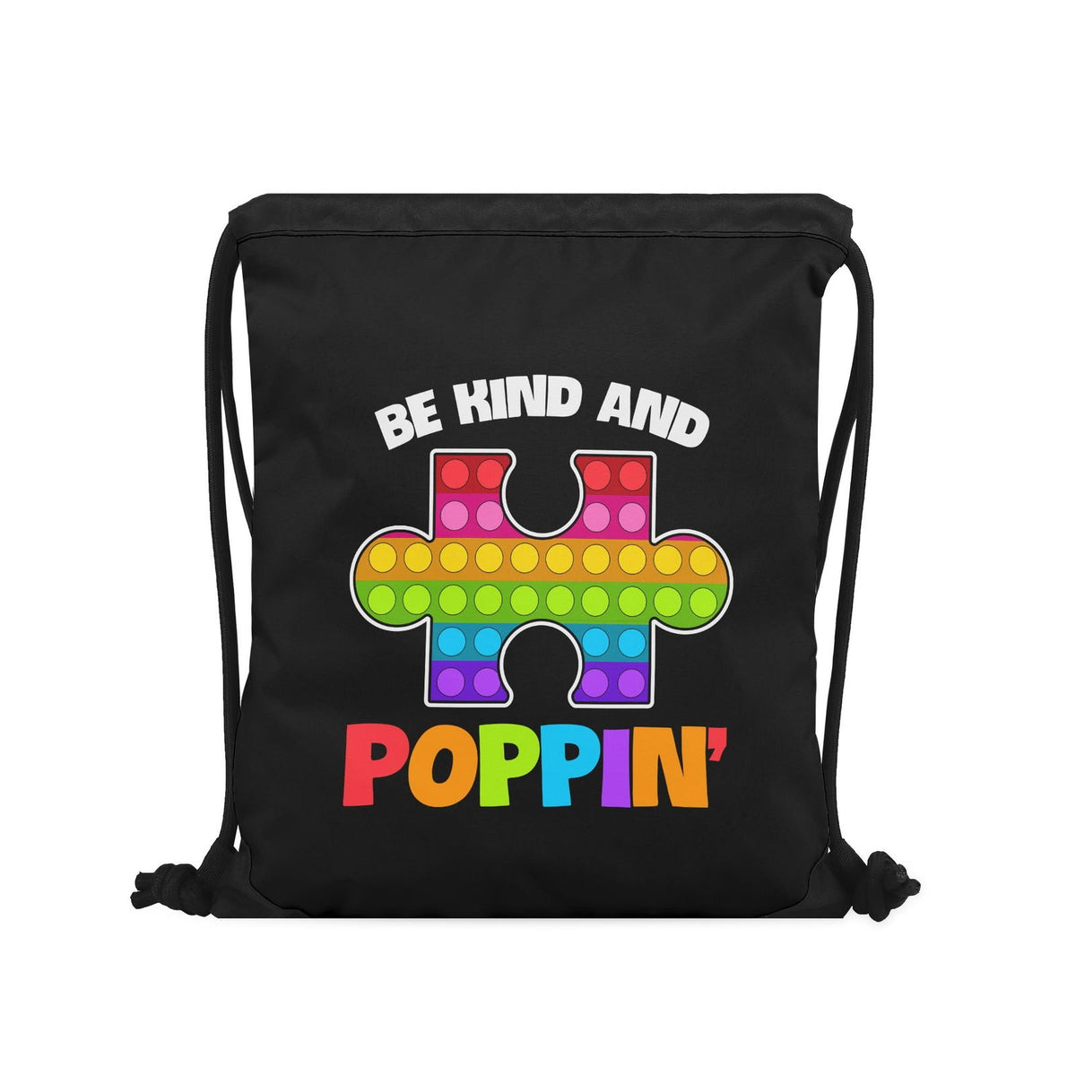 Be Kind And Poppin Autism Awareness Black Drawstring Bag(Single-Sided Print) - ClaimedbyGodDesigns