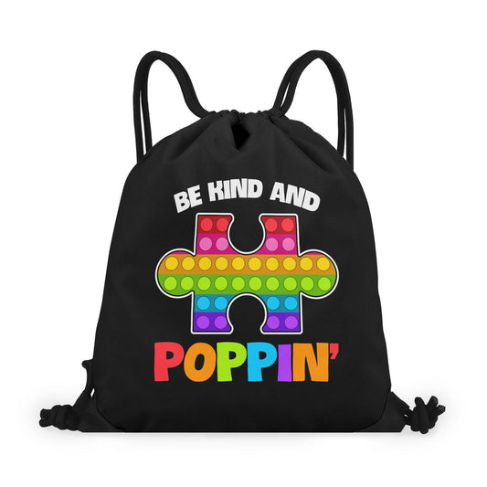 Be Kind And Poppin Autism Awareness Black Drawstring Bag(Single-Sided Print) - ClaimedbyGodDesigns