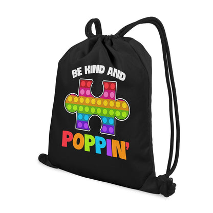 Be Kind And Poppin Autism Awareness Black Drawstring Bag(Single-Sided Print) - ClaimedbyGodDesigns
