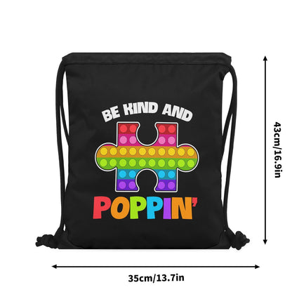 Be Kind And Poppin Autism Awareness Black Drawstring Bag(Single-Sided Print) - ClaimedbyGodDesigns