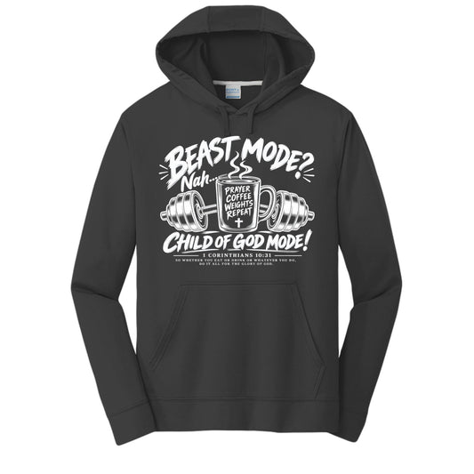 Beast Mode? Nah, Child of God Mode! Unisex Christian Gym Hooded Sweatshirt | 1 Corinthians 10:31 - Claimed by God Designs