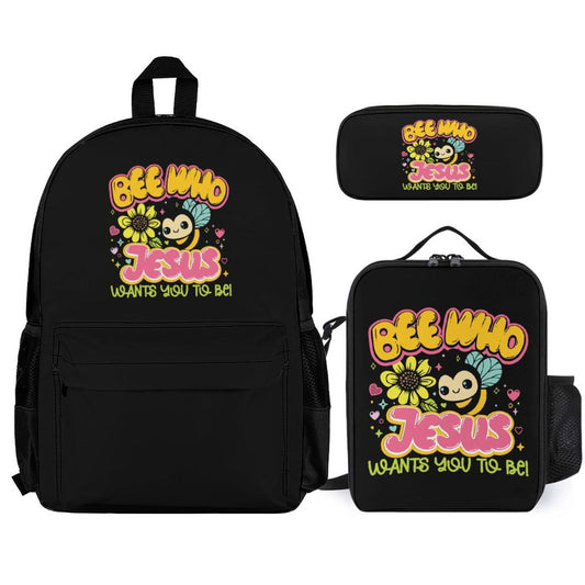 Bee Who Jesus Wants You To Be Christian Backpack Set of 3 Bags (Shoulder Bag Lunch Bag & Pencil Pouch) - ClaimedbyGodDesigns