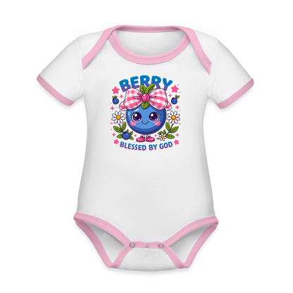 Berry Blessed Organic Contrast Short Sleeve Christian Baby Onesie - ClaimedbyGodDesigns