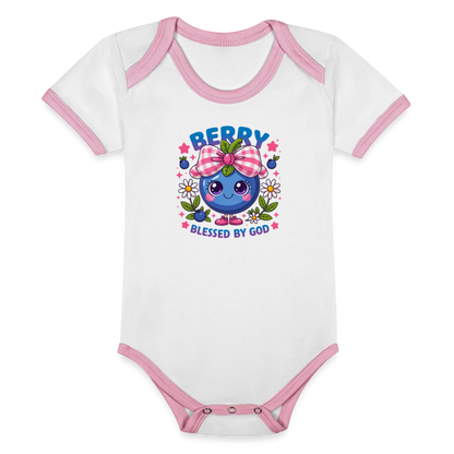 Berry Blessed Organic Contrast Short Sleeve Christian Baby Onesie - ClaimedbyGodDesigns