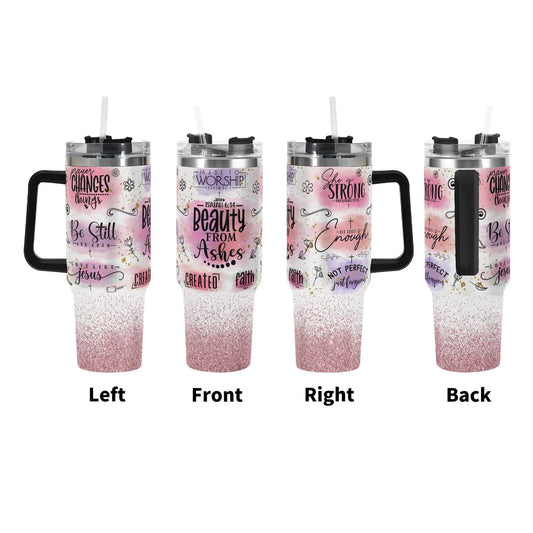 Bible Affirmations 40oz Stainless Steel Christian Tumbler Gift With Black Handle and Straw - ClaimedbyGodDesigns