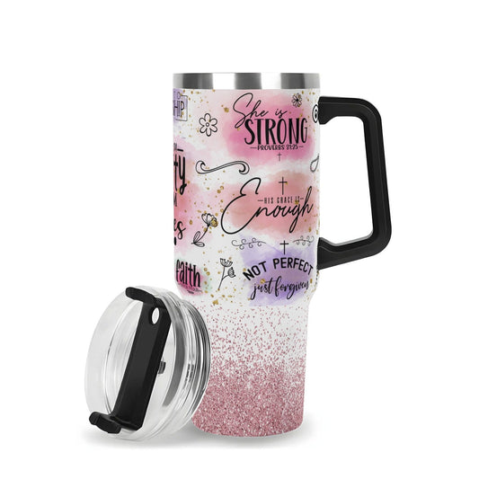 Bible Affirmations 40oz Stainless Steel Christian Tumbler Gift With Black Handle and Straw - ClaimedbyGodDesigns