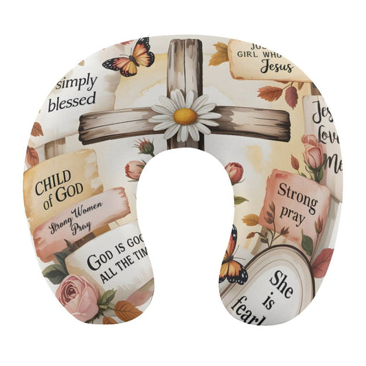 Bible Affirmations (flowered cross) Christian Neck Pillow for Restful Journeys - ClaimedbyGodDesigns