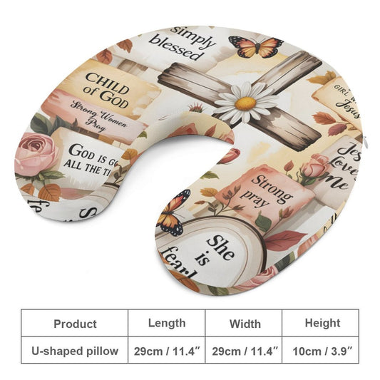 Bible Affirmations (flowered cross) Christian Neck Pillow for Restful Journeys - ClaimedbyGodDesigns