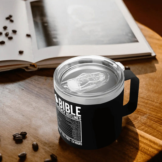 Bible Emergency Numbers 14oz Stainless Steel Christian Coffee Mug Cup with Lid and Handle - ClaimedbyGodDesigns