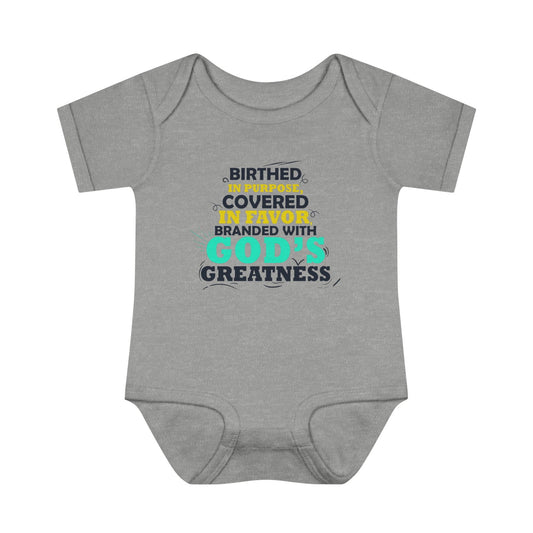 Birthed In Purpose Covered In Favor Branded With God's Greatness Christian Baby Onesie - ClaimedbyGodDesigns