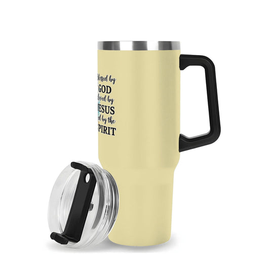 Blessed By God, Loved By Jesus, Led By The Spirit 40oz Stainless Steel Christian Tumbler Gift With Black Handle and Straw - ClaimedbyGodDesigns