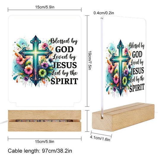Blessed By God Loved By Jesus Led By The Spirit Christian Acrylic Night Light with Wooden Base Christian Gift Idea - ClaimedbyGodDesigns