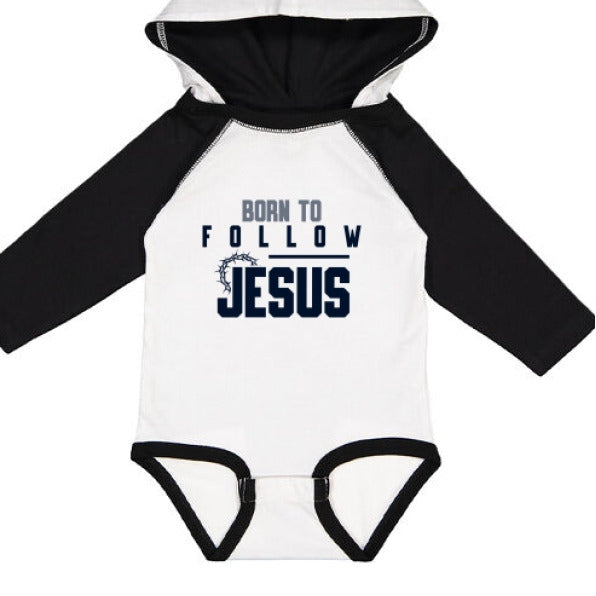 Born To Follow Him Fine Jersey Infant Character Hooded Long Sleeve Christian Baby Onesie with Ears - ClaimedbyGodDesigns