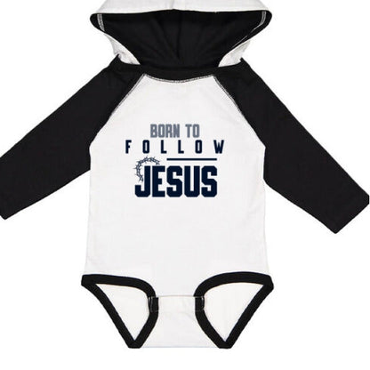 Born To Follow Him Fine Jersey Infant Character Hooded Long Sleeve Christian Baby Onesie with Ears - ClaimedbyGodDesigns