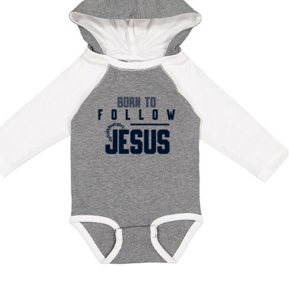Born To Follow Him Fine Jersey Infant Character Hooded Long Sleeve Christian Baby Onesie with Ears - ClaimedbyGodDesigns