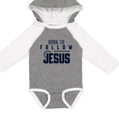 Born To Follow Him Fine Jersey Infant Character Hooded Long Sleeve Christian Baby Onesie with Ears - ClaimedbyGodDesigns