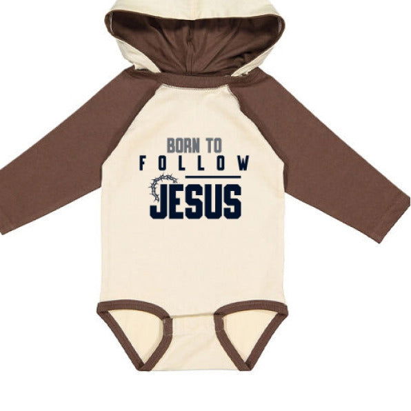 Born To Follow Him Fine Jersey Infant Character Hooded Long Sleeve Christian Baby Onesie with Ears - ClaimedbyGodDesigns