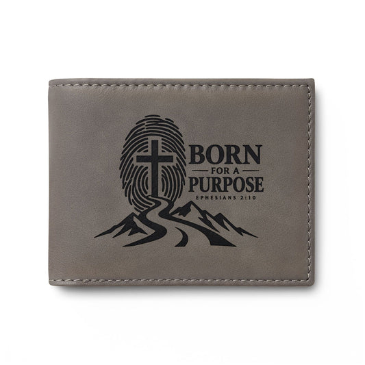 Born With a Purpose Christian wallet with cross, mountains and trail, Jeremiah 1:5