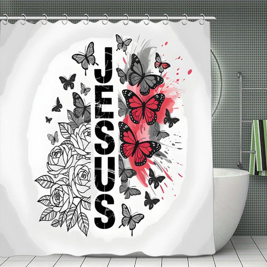 Butterfly Flowered Jesus Christian Waterproof Shower Curtain - ClaimedbyGodDesigns