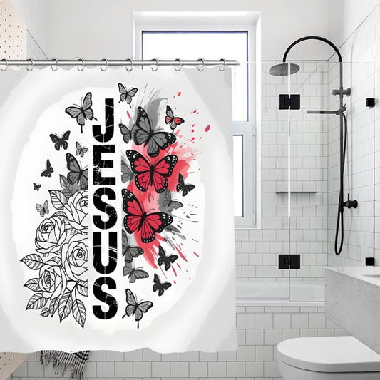 Butterfly Flowered Jesus Christian Waterproof Shower Curtain - ClaimedbyGodDesigns