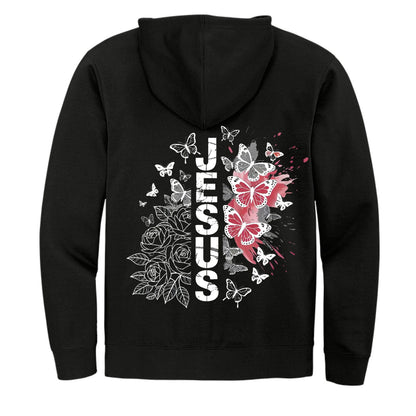 Butterfly Flowered Jesus Women's Christian Full-Zip Hooded Sweatshirt - ClaimedbyGodDesigns