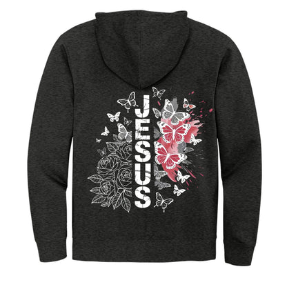 Butterfly Flowered Jesus Women's Christian Full-Zip Hooded Sweatshirt - ClaimedbyGodDesigns