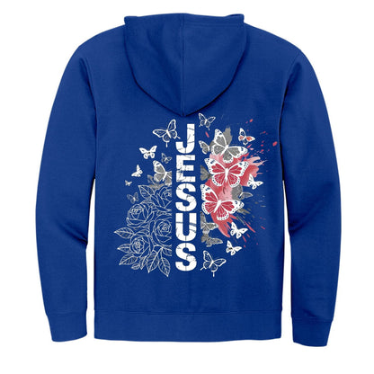 Butterfly Flowered Jesus Women's Christian Full-Zip Hooded Sweatshirt - ClaimedbyGodDesigns