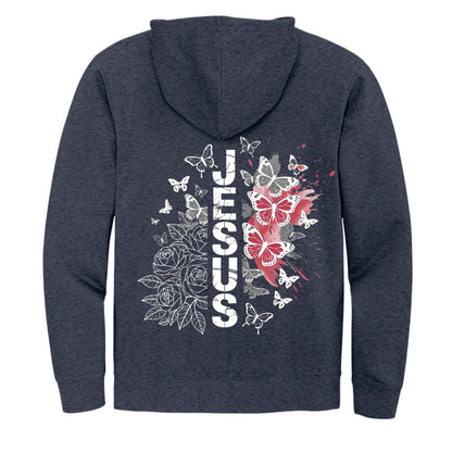 Butterfly Flowered Jesus Women's Christian Full-Zip Hooded Sweatshirt - ClaimedbyGodDesigns
