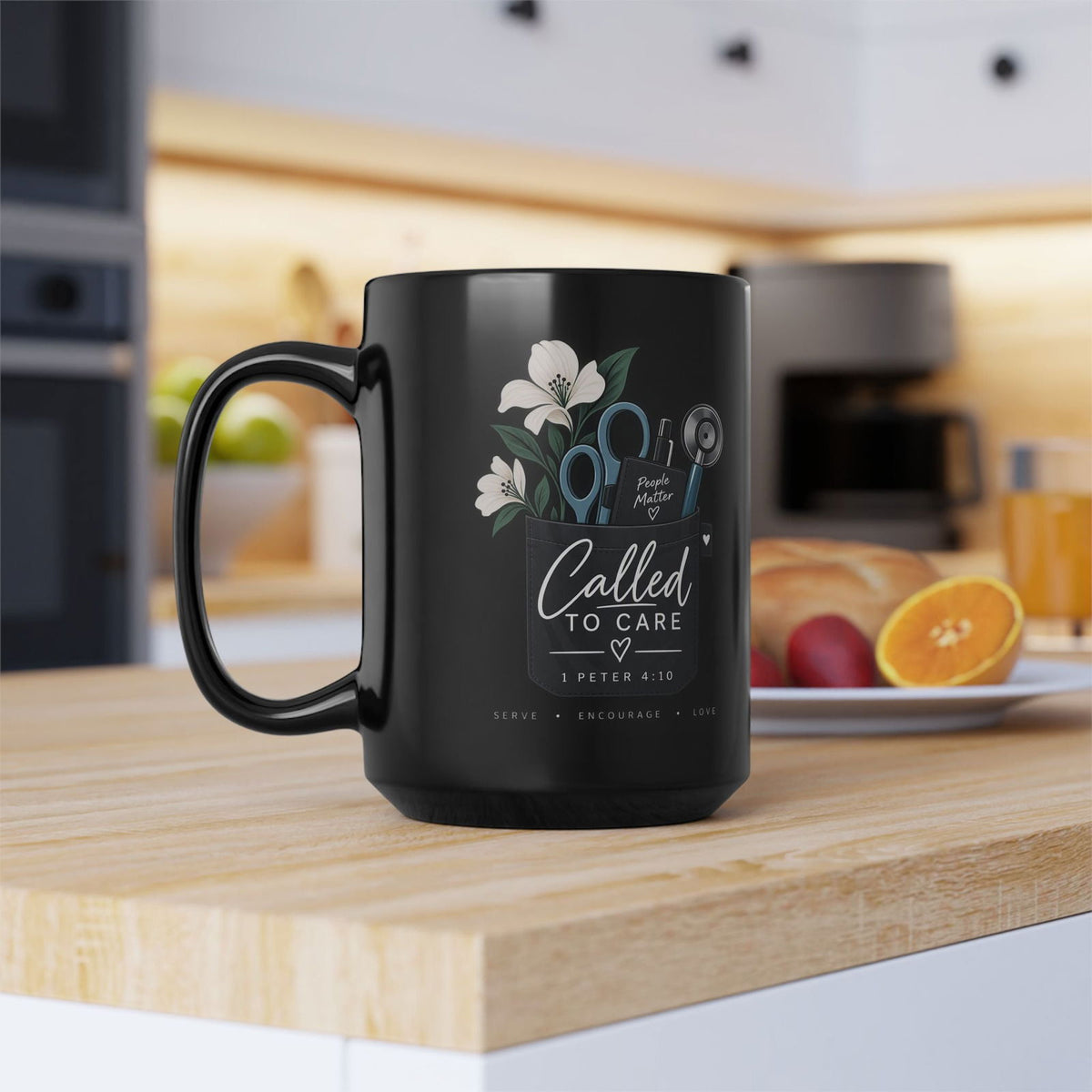 Called to Care 15oz Black Mug — Christian Nurse/Healthcare Gift (1 Peter 4:10) - Claimed by God Designs