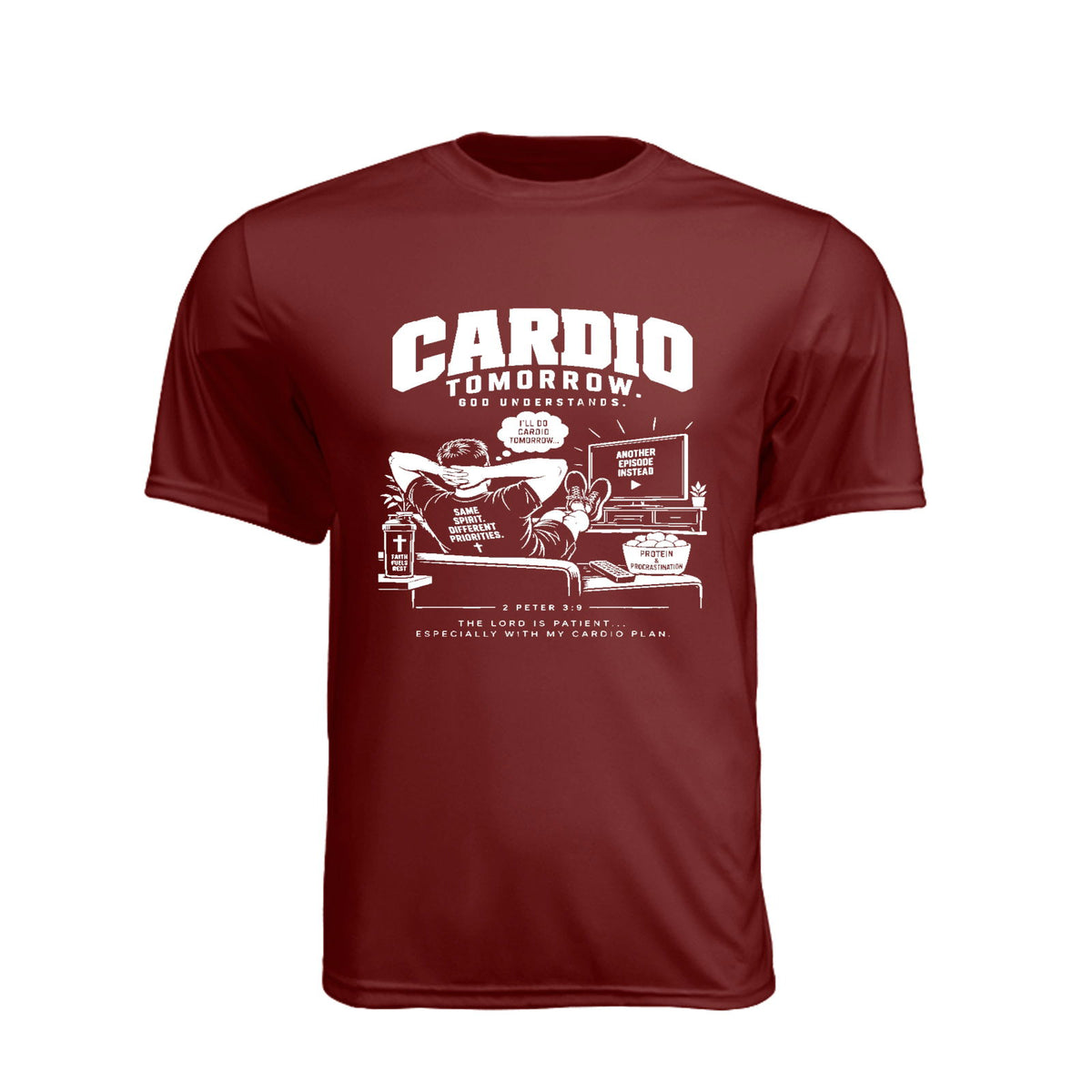 Cardio Tomorrow God Understands Unisex Christian Gym T-Shirt | 2 Peter 3:9 - Claimed by God Designs