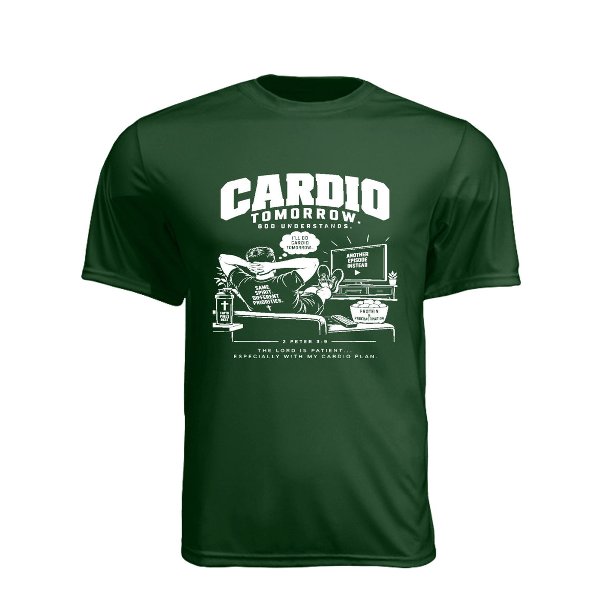 Cardio Tomorrow God Understands Unisex Christian Gym T-Shirt | 2 Peter 3:9 - Claimed by God Designs