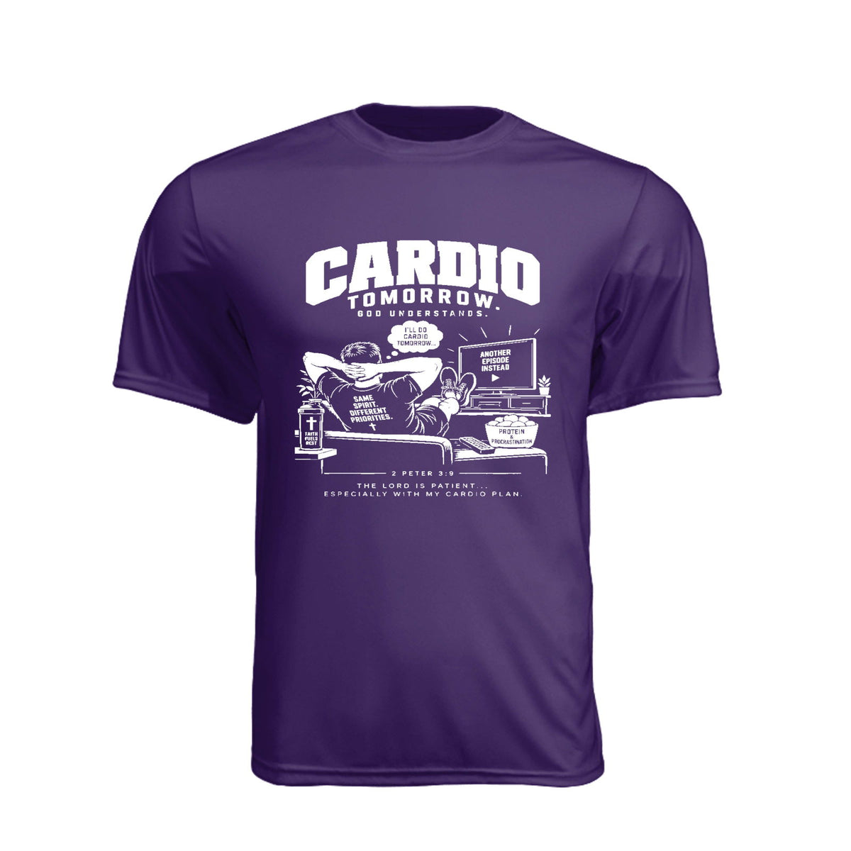 Cardio Tomorrow God Understands Unisex Christian Gym T-Shirt | 2 Peter 3:9 - Claimed by God Designs