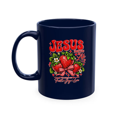 Ceramic Mug — "Jesus Sweetens My Life" Strawberry Faith Coffee Cup - ClaimedbyGodDesigns