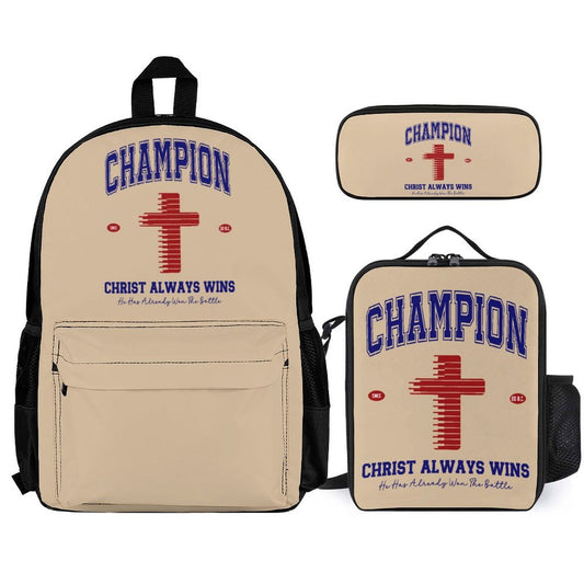 Champion Christ Always Wins Christian Backpack Set of 3 Bags (Shoulder Bag Lunch Bag & Pencil Pouch) - ClaimedbyGodDesigns