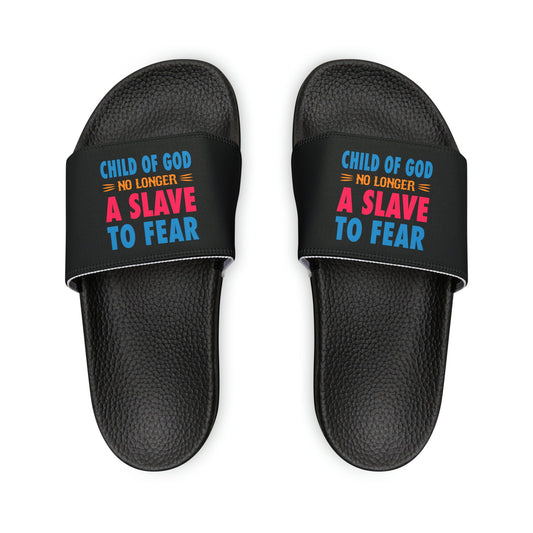 Child Of God No Longer A Slave To Fear Youth PU Christian Slide Sandals - ClaimedbyGodDesigns