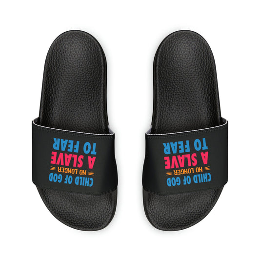 Child Of God No Longer A Slave To Fear Youth PU Christian Slide Sandals - ClaimedbyGodDesigns