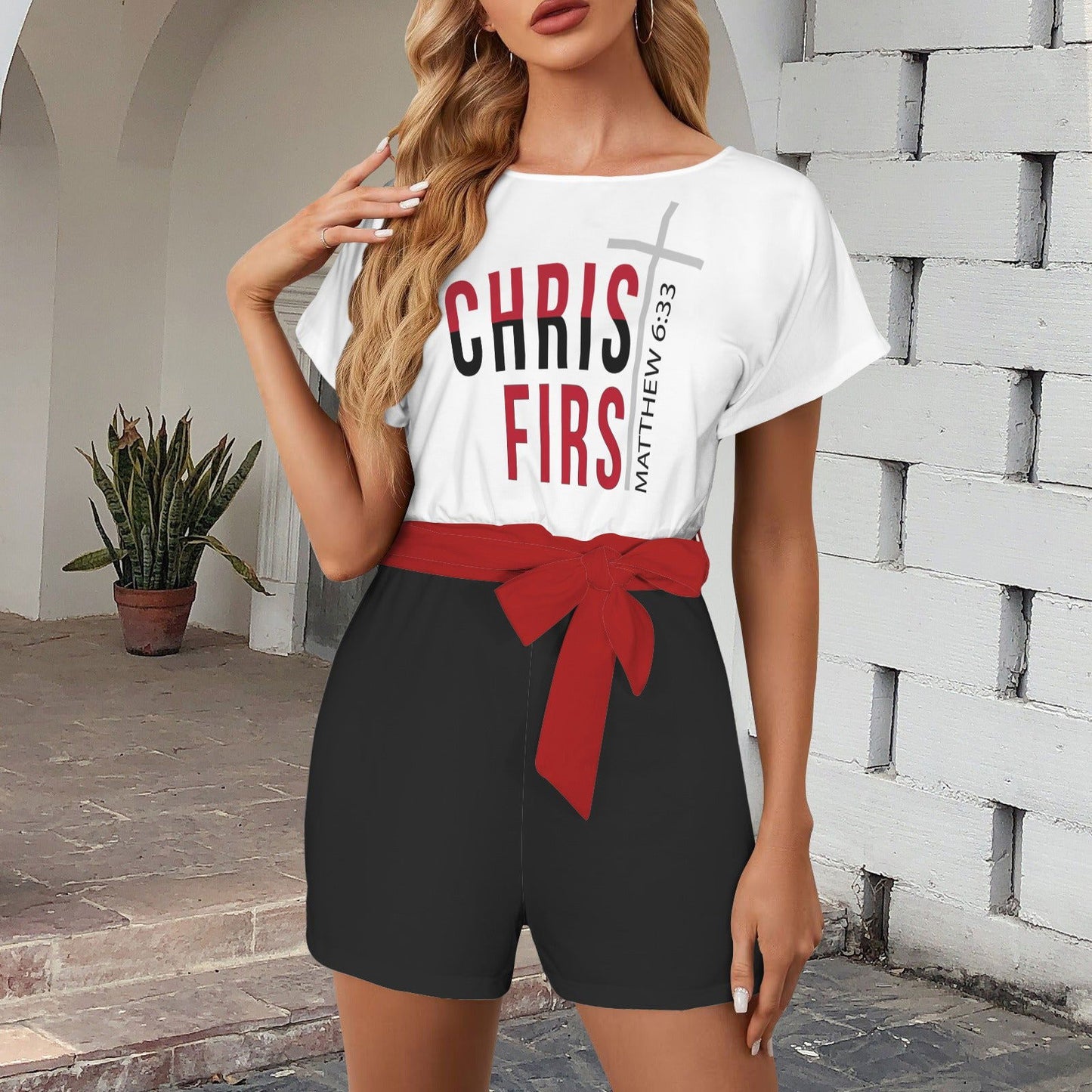 Christ First Christian Women's Belt Keyhole Back Short Sleeve Romper - ClaimedbyGodDesigns