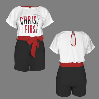 Christ First Christian Women's Belt Keyhole Back Short Sleeve Romper - ClaimedbyGodDesigns