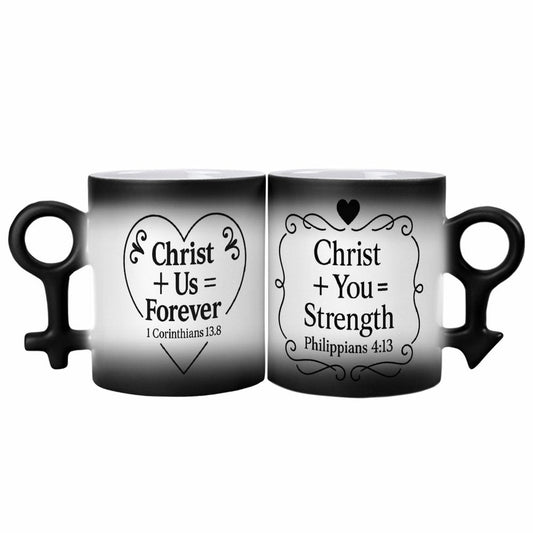 Christian Couple Color-Changing Mugs – “Christ + Us = Forever” & “Christ + You = Strength” Gift Set - ClaimedbyGodDesigns