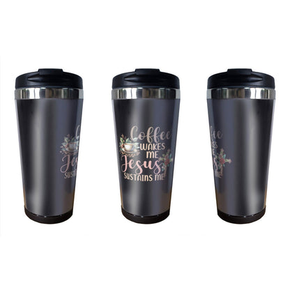 Coffee Wakes Me He Sustains Me Christian Stainless Steel Coffee Tumbler 15oz - ClaimedbyGodDesigns