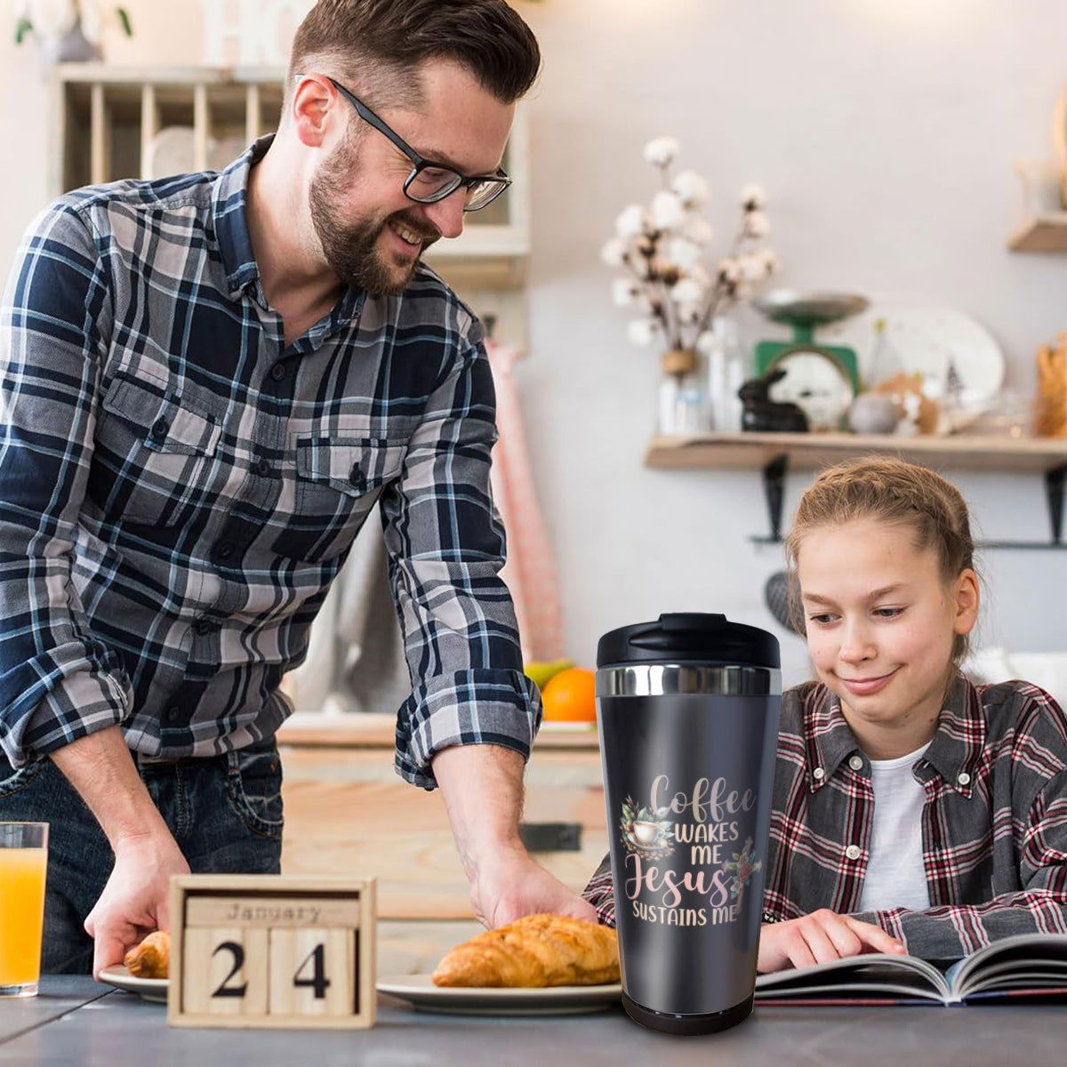 Coffee Wakes Me He Sustains Me Christian Stainless Steel Coffee Tumbler 15oz - ClaimedbyGodDesigns