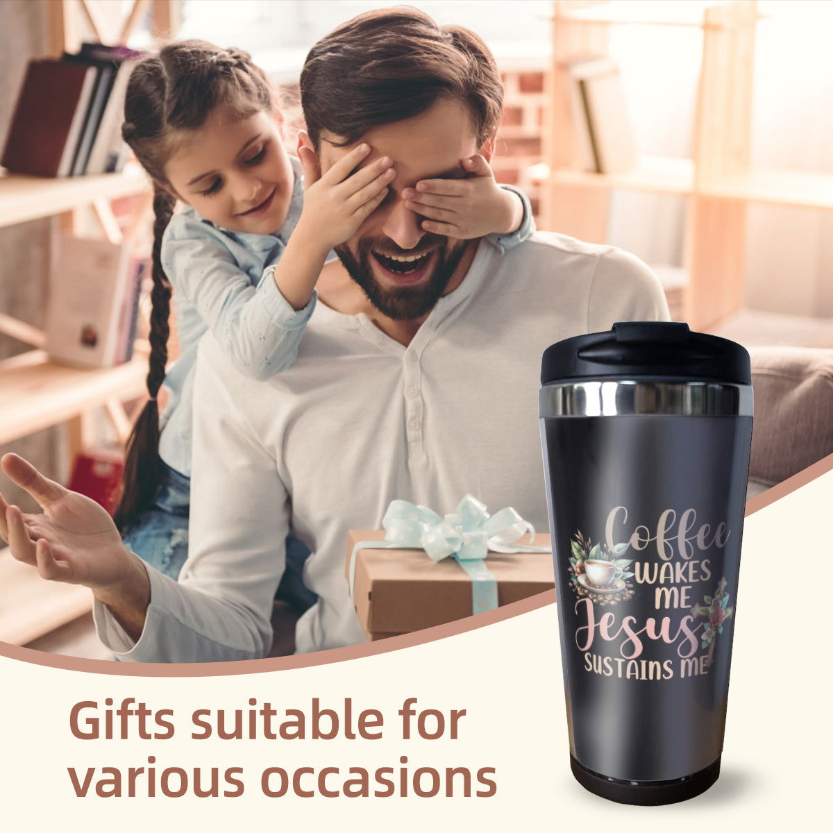 Coffee Wakes Me He Sustains Me Christian Stainless Steel Coffee Tumbler 15oz - ClaimedbyGodDesigns
