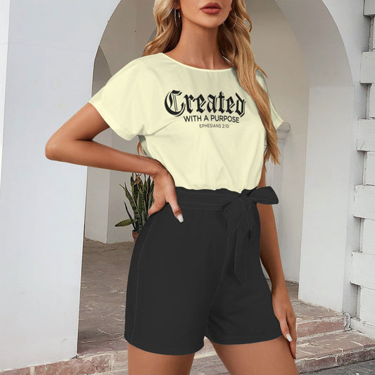 Created With A Purpose Christian Women's Belt Keyhole Back Short Sleeve Romper - ClaimedbyGodDesigns