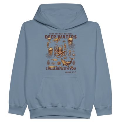 Deep Waters Christian Midweight Fleece Youth Hooded Sweatshirt - ClaimedbyGodDesigns