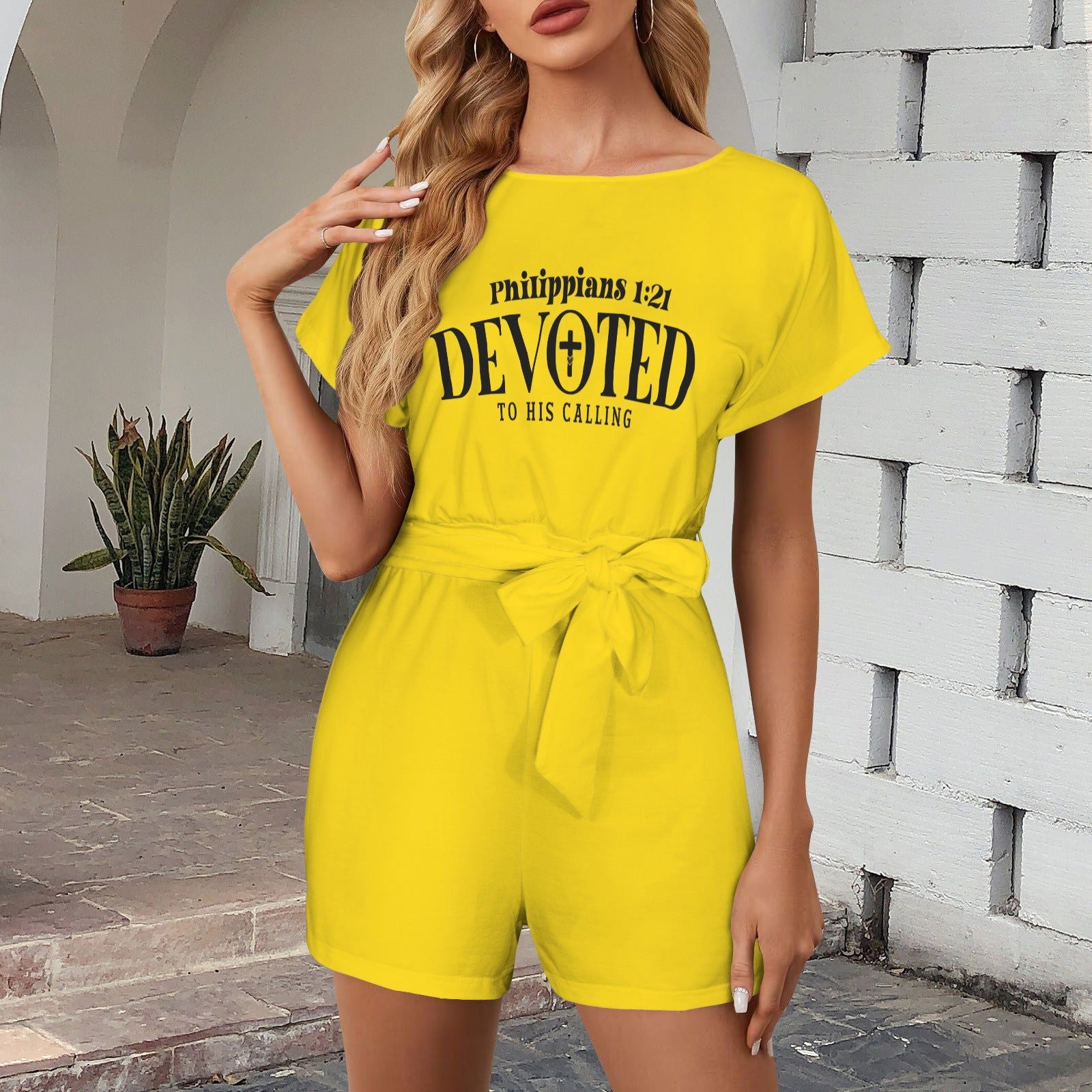 Devoted To His Calling Christian Women's Belt Keyhole Back Short Sleeve Romper - ClaimedbyGodDesigns