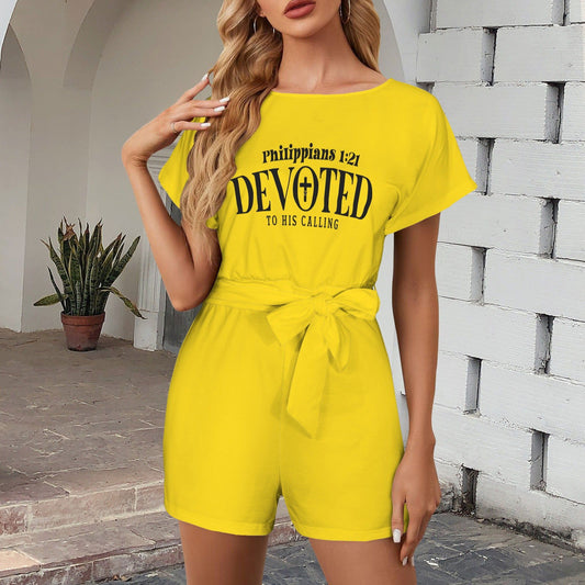 Devoted To His Calling Christian Women's Belt Keyhole Back Short Sleeve Romper - ClaimedbyGodDesigns